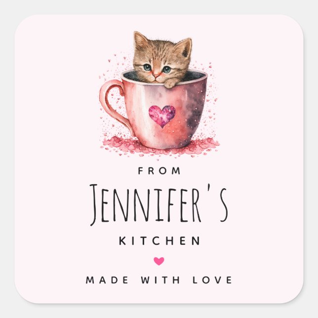 Cute Kitten in a Teacup with Hearts Kitchen Square Sticker (Front)
