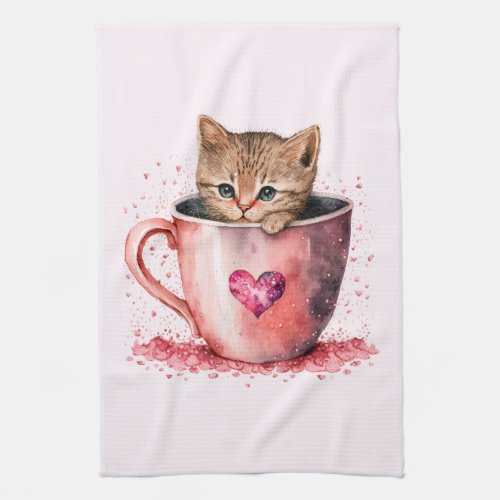 Cute Kitten in a Teacup with Hearts Kitchen Towel