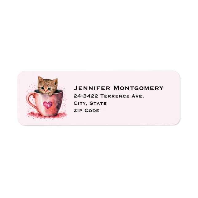Cute Kitten in a Teacup with Hearts Label (Front)