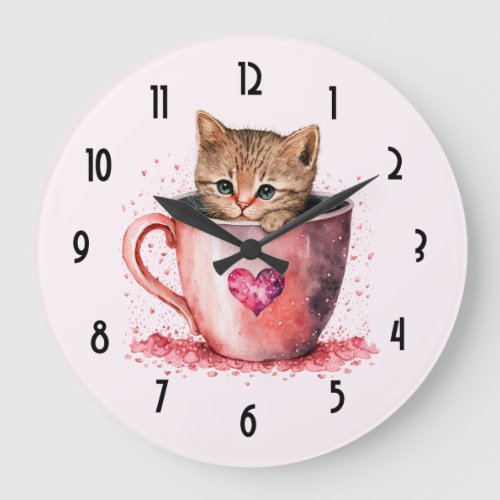 Cute Kitten in a Teacup with Hearts Large Clock