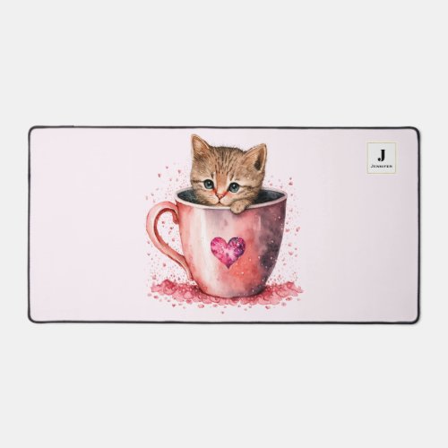 Cute Kitten in a Teacup with Hearts Monogram Desk Mat