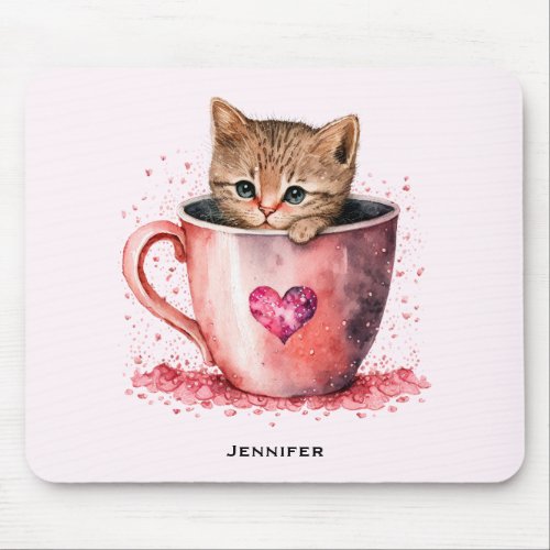 Cute Kitten in a Teacup with Hearts Mouse Pad