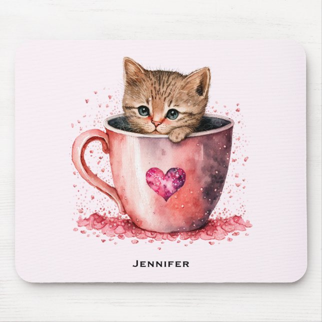 Cute Kitten in a Teacup with Hearts Mouse Pad (Front)
