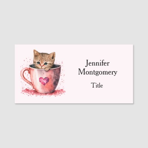 Cute Kitten in a Teacup with Hearts Name Tag