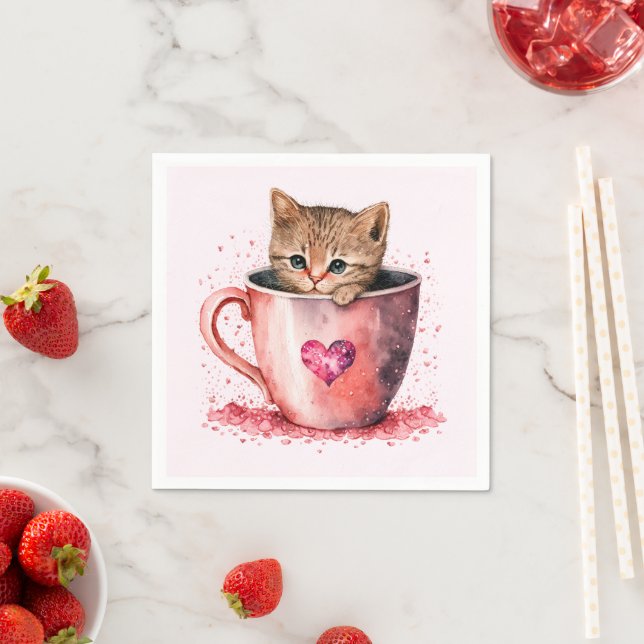 Cute Kitten in a Teacup with Hearts Napkins (Insitu)