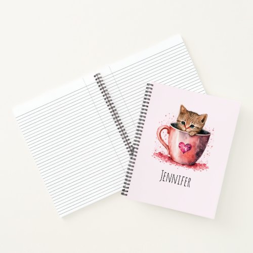 Cute Kitten in a Teacup with Hearts Notebook