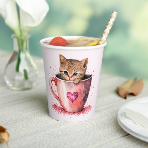 Cute Kitten in a Teacup with Hearts Paper Cups