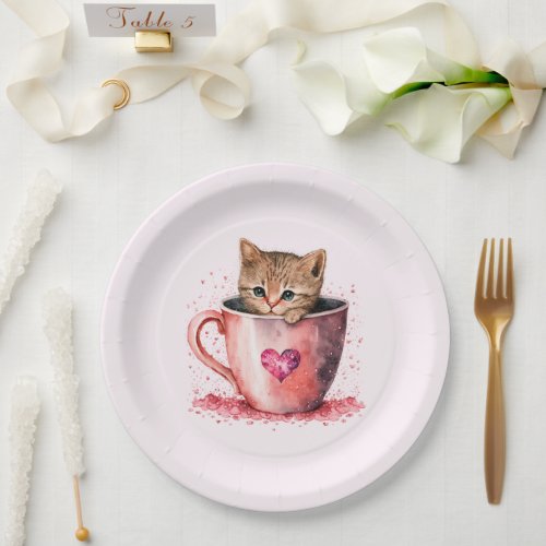 Cute Kitten in a Teacup with Hearts Paper Plates