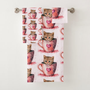 Cute Kitten in a Teacup with Hearts Pattern Bath Towel Set
