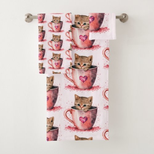 Cute Kitten in a Teacup with Hearts Pattern Bath Towel Set