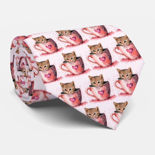 Cute Kitten in a Teacup with Hearts Pattern Neck Tie