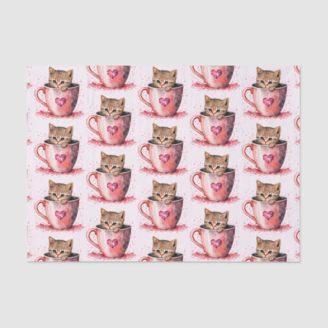 Cute Kitten in a Teacup with Hearts Pattern Tissue Paper (Front)