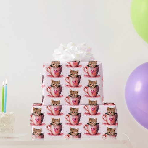 Cute Kitten in a Teacup with Hearts Pattern Wrapping Paper