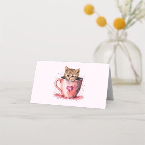 Cute Kitten in a Teacup with Hearts Place Card