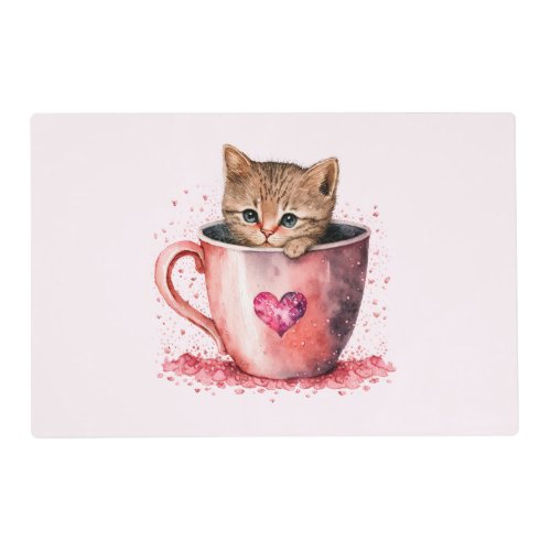 Cute Kitten in a Teacup with Hearts Placemat