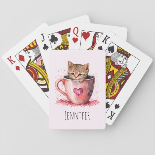 Cute Kitten in a Teacup with Hearts Playing Cards