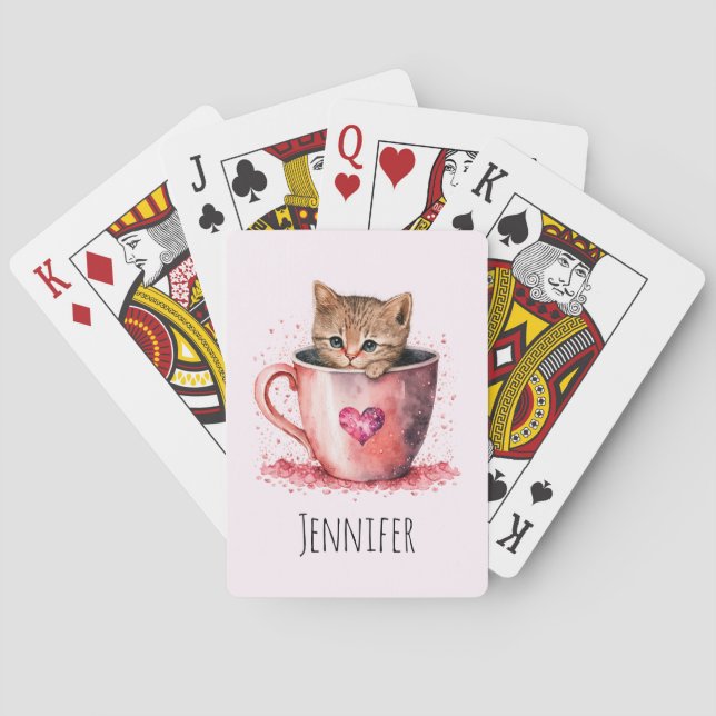 Cute Kitten in a Teacup with Hearts Poker Cards (Back)