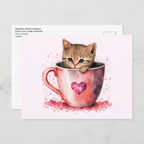 Cute Kitten in a Teacup with Hearts Postcard