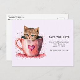 Cute Kitten in a Teacup with Hearts Save the Date Invitation Postcard