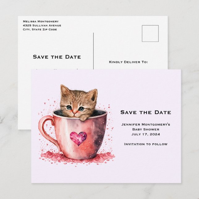 Cute Kitten in a Teacup with Hearts Save the Date Invitation Postcard (Front/Back)