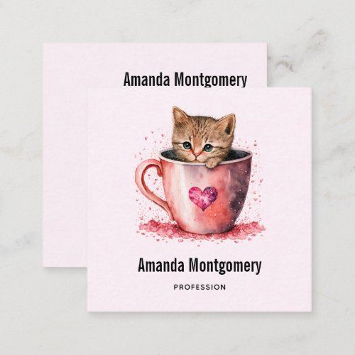 Cute Kitten in a Teacup with Hearts Square Business Card
