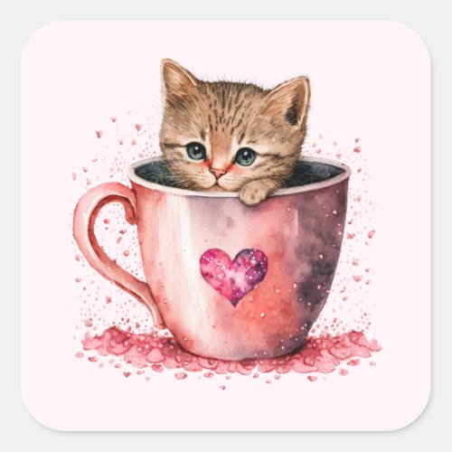 Cute Kitten in a Teacup with Hearts Square Sticker