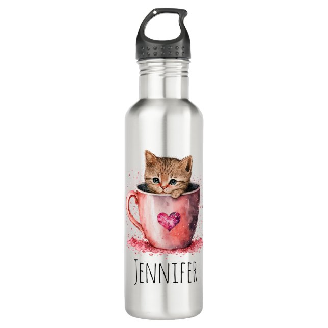 Cute Kitten in a Teacup with Hearts Stainless Steel Water Bottle (Front)