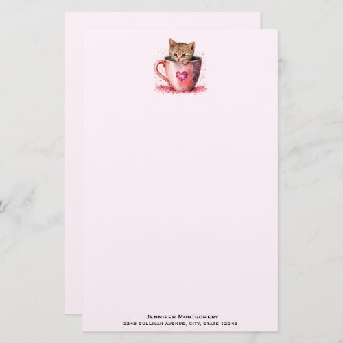 Cute Kitten in a Teacup with Hearts Stationery