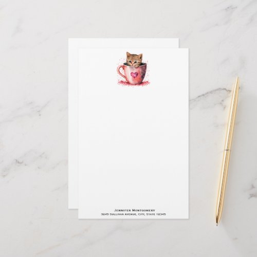 Cute Kitten in a Teacup with Hearts Stationery