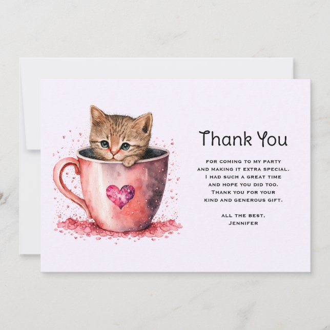 Cute Kitten in a Teacup with Hearts Thank You Card (Front)