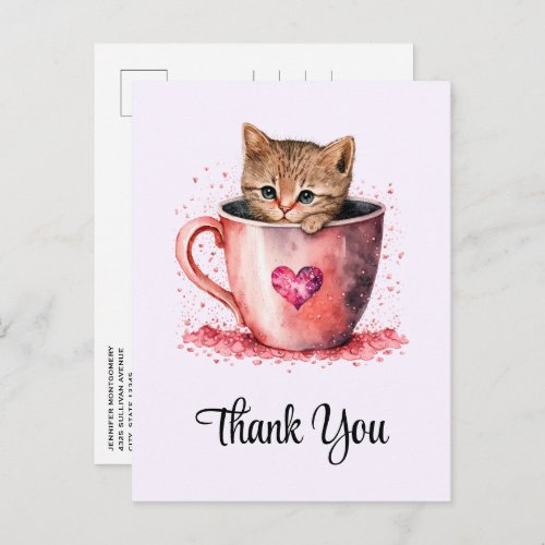 Cute Kitten in a Teacup with Hearts Thank You Postcard