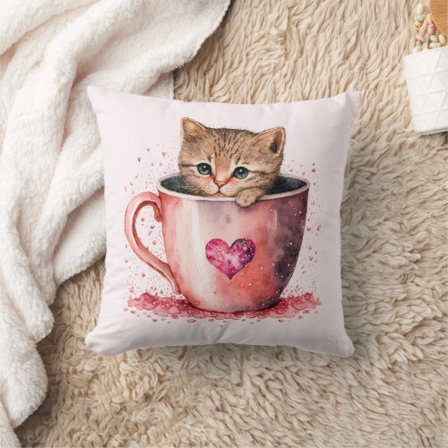 Cute Kitten in a Teacup with Hearts Throw Pillow