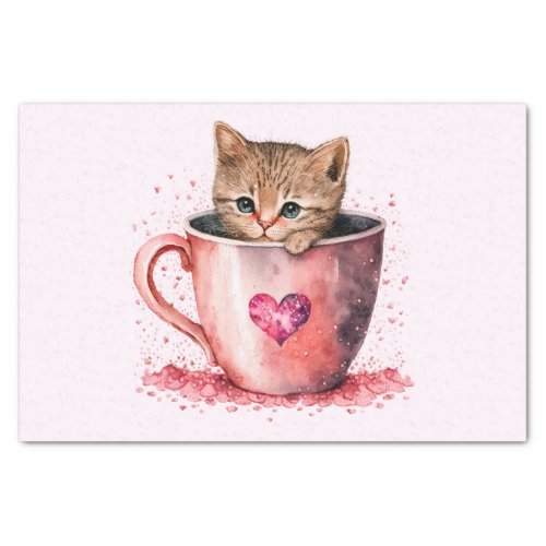 Cute Kitten in a Teacup with Hearts Tissue Paper