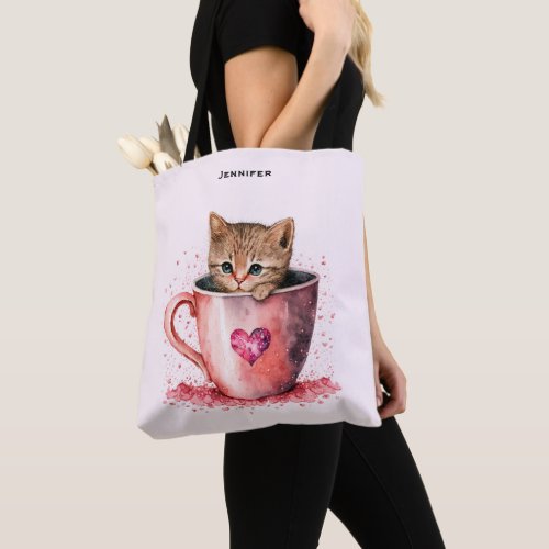 Cute Kitten in a Teacup with Hearts Tote Bag