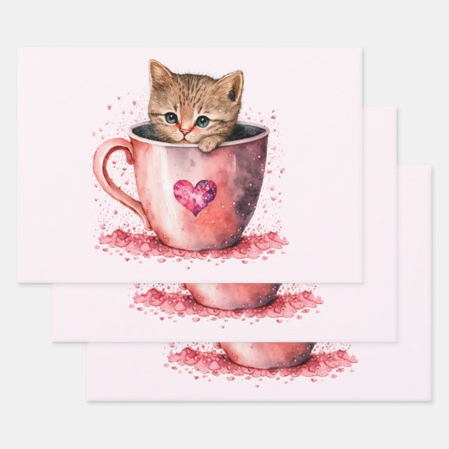 Cute Kitten in a Teacup with Hearts Wrapping Paper Sheets (Set)
