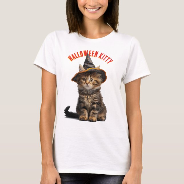 Cute Kitten in a Witches Hat Halloween T-Shirt (Front)