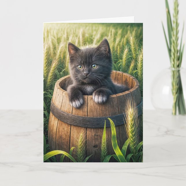 Cute Kitten In a Wooden Barrel Card (Front)