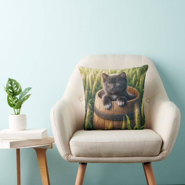 Cute Kitten In a Wooden Barrel Throw Pillow (Chair)