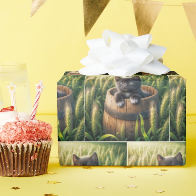 Cute Kitten In a Wooden Barrel Wrapping Paper (Birthday Party)