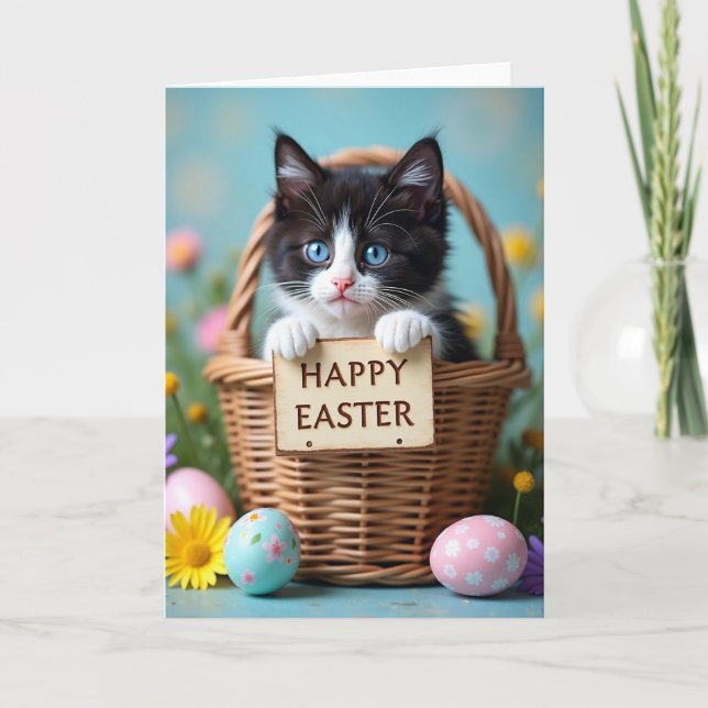 Cute Kitten In Basket Greeting Card (Front)