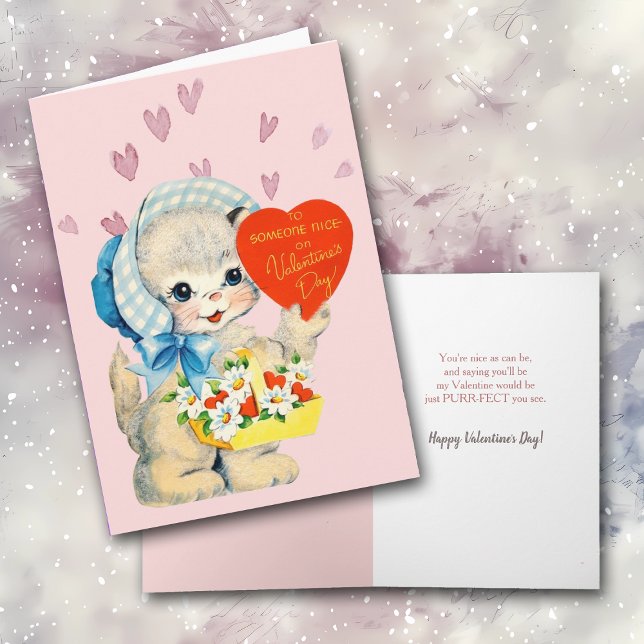Cute Kitten in Bonnet Retro Valentine Holiday Card (Creator Uploaded)