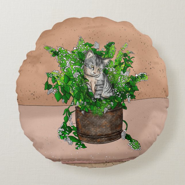 Cute Kitten in Catnip Antique Pot Round Pillow (Front)