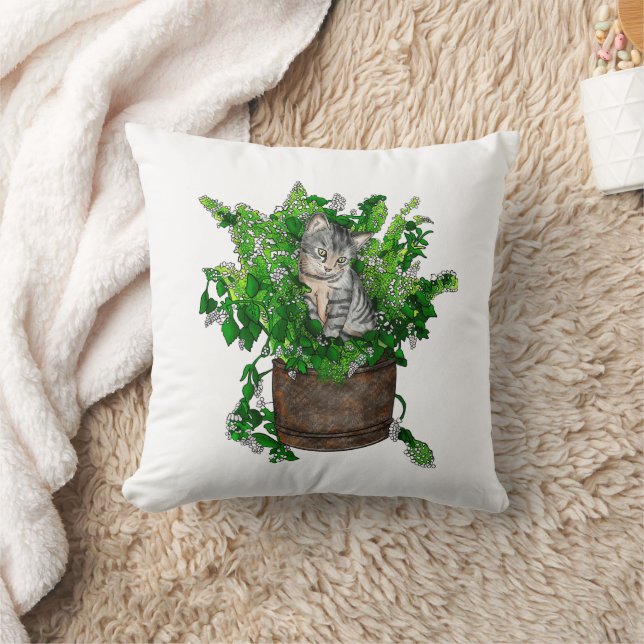 Cute Kitten in Catnip Pot   Throw Pillow (Blanket)