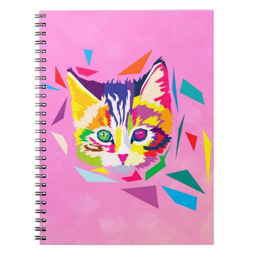 Cute kitten in colorful polygons notebook
