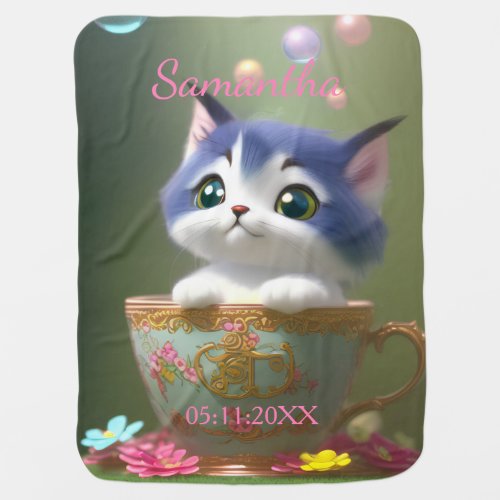 Cute Kitten in Colorful Teacup with Birth Date  Baby Blanket