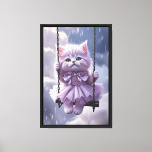 Cute Kitten in Dress on Swing Framed Canvas Wall A Print