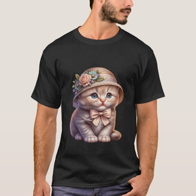 Cute Kitten in Floral Straw Hat & Bow ✨🐾👒 T-Shirt (Front)