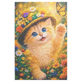 Cute kitten in flower hat raises paw at butterfly gallery wrap