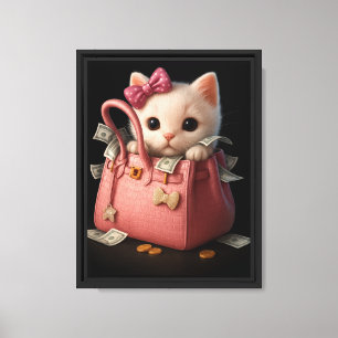 Cute Kitten in Luxury Bag with Money Canvas Print