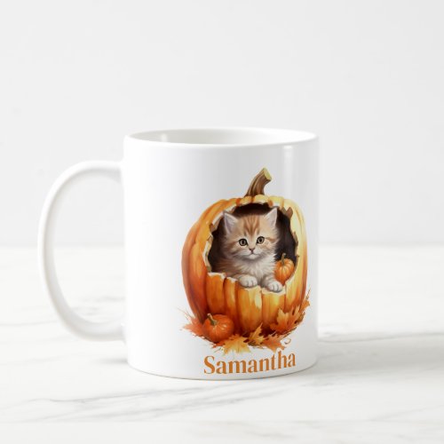 Cute Kitten in Pumpkin Custom Name Coffee Mug
